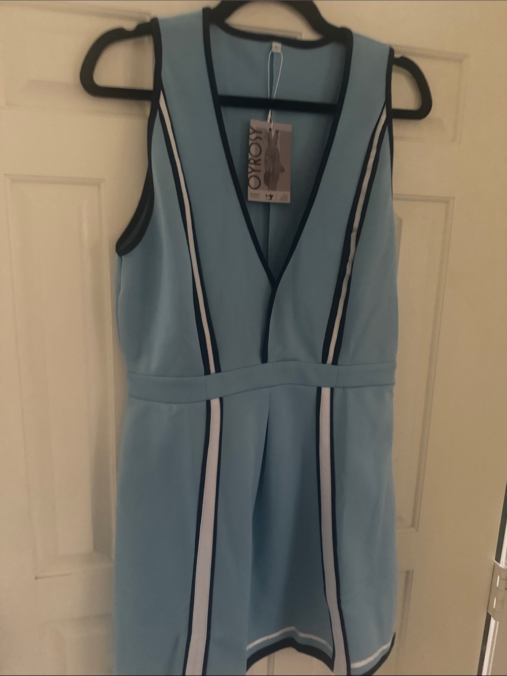 Oyrosy tennis or golf active Light Blue Sleeveless V-Neck Dress with Stripe Deta